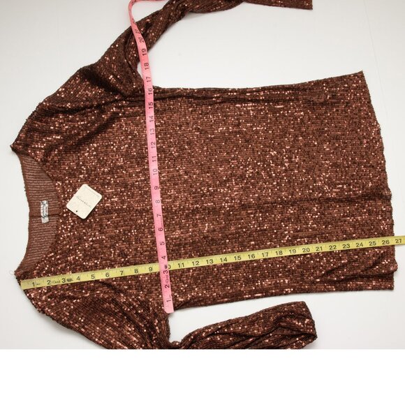 Free People Rush Top Long Sleeve Sequin Shirt Hot Chocolate Brown Size Large New - Picture 7 of 7